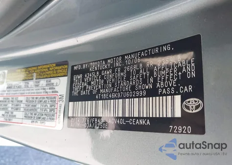 2007 Toyota Camry Le from USA, damaged, VIN 4T1BE46K97U602999
